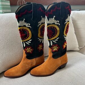 Free People Embroidered Green and Tan Roundhouse Stitch Cowboy Boots
